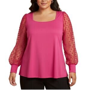 NWT Torrid Super Soft Hot Pink Knit Top - Mesh Polka Dot Long Sleeve Size 3 / 3X